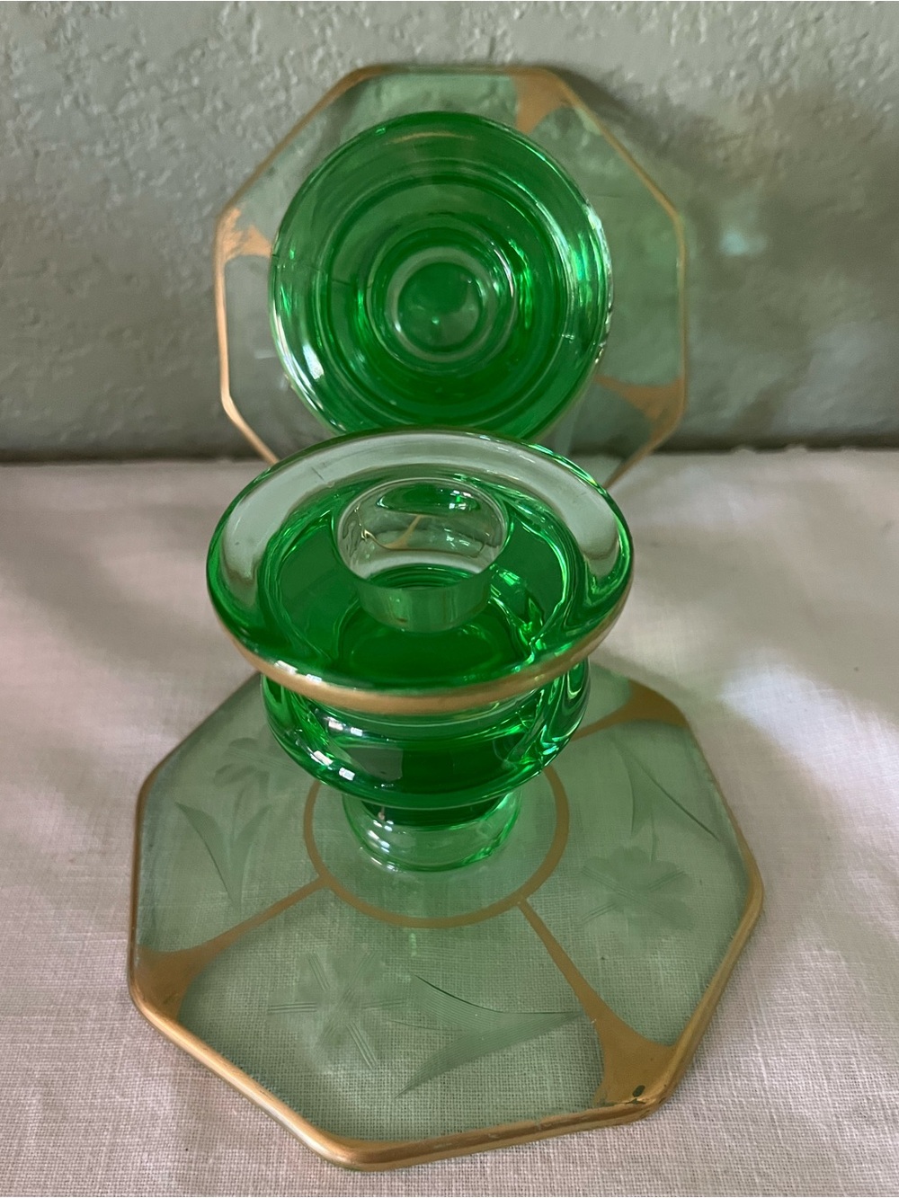 Antique 1930s Uranium Glass Etched Floral Gold Candlesticks Pair